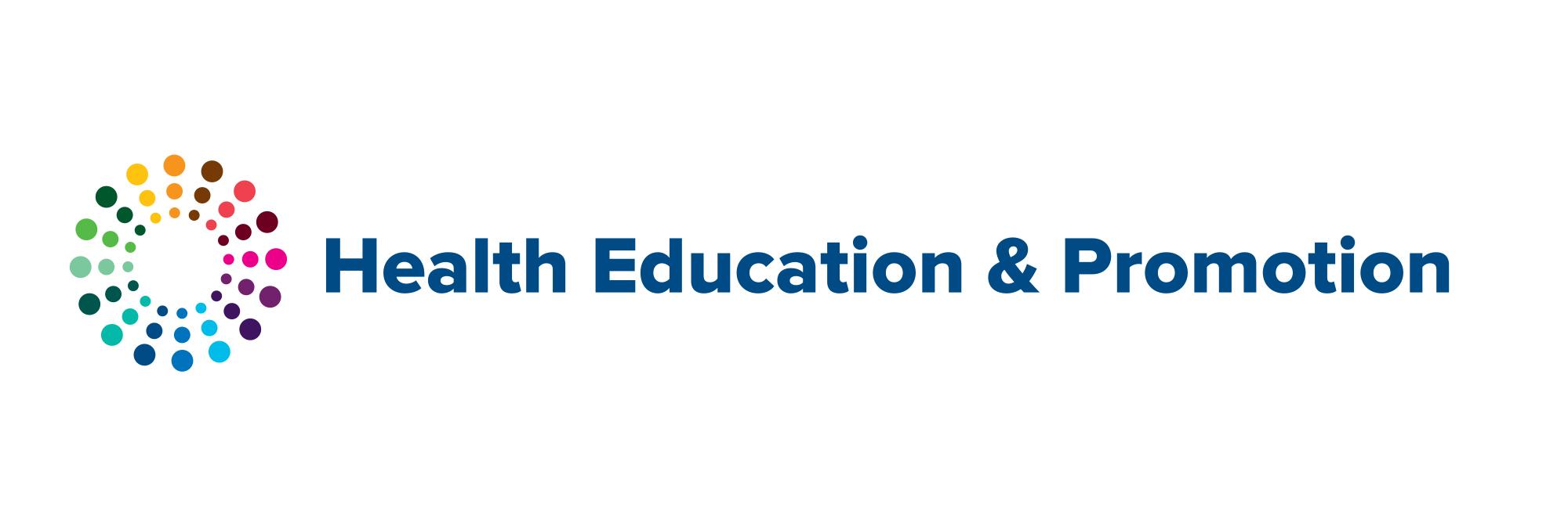 同心圆彩虹圆点图案(HEP标志)，旁边用深蓝色书写健康教育与促进